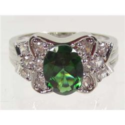 10681 - WHITE GOLD PLATED EMERALD & WHITE TOPAZ RING SIZE 6