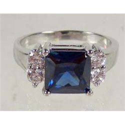 9036 - WHITE GOLD PLATED SAPPHIRE & WHITE TOPAZ RING SIZE 8 1/4