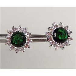 9522 - WHITE GOLD PLATED ROUND GREEN EMERALD EARRINGS