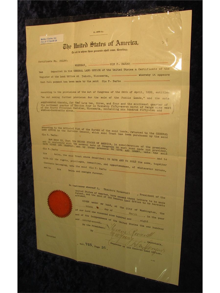 28. 1908 Land Grant from Duluth, Minnesota signed by President Theodore