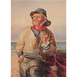 T Elwes; a framed watercolour of a fisherman leaning on his boat and smoking a pipe, signed and date