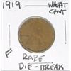 Image 1 : 1919 WHEAT CENT *EXTREMELY RARE DIE-BREAK FINE GRADE*!! PENNY CAME OUT OF SAFE!!