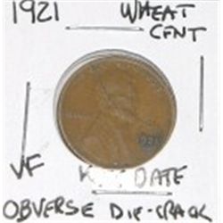 1921 WHEAT CENT *EXTREMELY RARE OBVERSE DIE-BREAK KEY DATE VERY FINE GRADE*!!