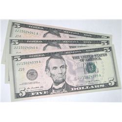 3 CONSECUTIVE 2009 SERIES $5 SERIAL #'s EXTREMELY RARE UNC HIGH GRADE SERIAL #'S ARE JJ15024039A-041