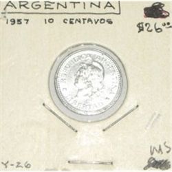 1957 SILVER ARGENTINA 10 CENTAVOS *RARE NICE EARLY MINT STATE HIGH GRADE*!!