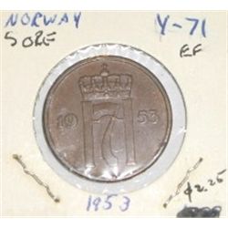 1953 NORWAY 5 ORE *RARE NICE EARLY EXTRA FINE HIGH GRADE*!! COIN CAME OUT OF SAFE!!