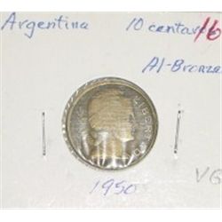 1950 ARGENTINA 10 CENTAVOS "AL BRONZE" *RARE NICE EARLY VERY GOOD GRADE*!!