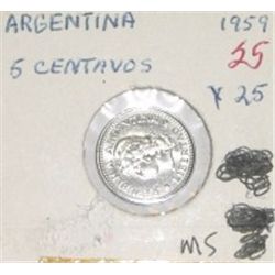 1959 ARGENTINA 5 CENTAVOS *RARE NICE EARLY MS HIGH GRADE*!! COIN CAME OUT OF SAFE!!