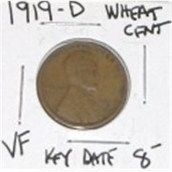 1919-D WHEAT CENT RED BOOK VALUE IS $8.00+ *RARE KEY DATE EARLY VERY FINE GRADE*!!
