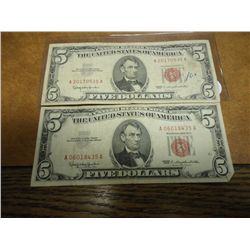 2-1963 $5 US NOTES RED SEALS
