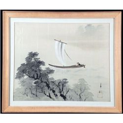 Chinese Silk Art Painting Boat Near the Shore -Framed
