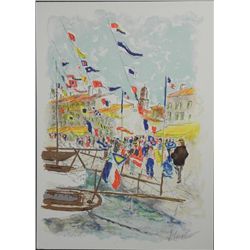 Urbain Huchet Litho Print S/N Voiliers a Saint- Tropez