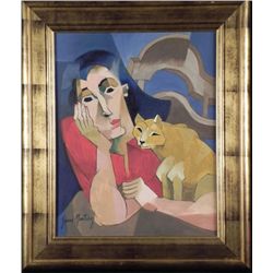 Yani Martinez Original Cubist Painting Lady & Cat Framd