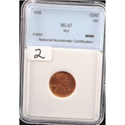 1918 LINCOLN CENT - NNC MS67 RED - RARE IN  FULL RED - ( MS67 RED LISTS AT $4,000.00)