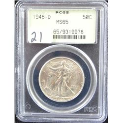 1946-D WALKING LIBERTY HALF DOLLAR - PCGS  MS65 (THE OLD GREEN LABEL) - COIN WORLD LISTS  A  MS65 @ 