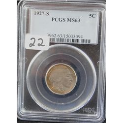 RARE 1927-S BUFFALO NICKEL - PCGS MS63 (PCGS  WEBSITE LISTS A MS63 @ $2,550.00) BUT YOU  HAVE TO FIN