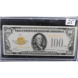 RARE $100 GOLD CERTIFICATE - SERIES 1928 -  SELLER GRADED @ XF/AU