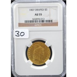 RARE 1807 DRAPED BUST $5 GOLD COIN - NGC AU55  (COIN WORLD LIST A AU50 @ $10,500.00 & A  AU58 @ $13,