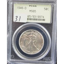 1946-D WALKING LIBERTY HALF DOLLAR - PCGS  MS65 (THE OLD GREEN LABEL) - COIN WORLD LISTS  A MS65 @ $