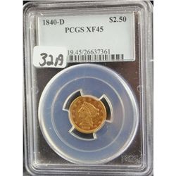 RARE EARLY 1840-D $2 1/2 CLASSIC HEAD GOLD  COIN -  PCGS XF45 (COIN WORLD LISTS A XF45 @  $9,000.00)