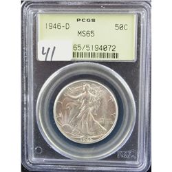 1946-D WALKING LIBERTY HALF DOLLAR - PCGS  MS65 (THE OLD GREEN LABEL) COIN WORLD LISTS A  MS65 @ $17
