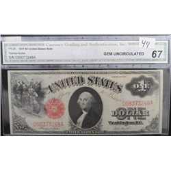 RARE $1 UNITED STATES NOTE - CGA GEM  UNCIRCULATED - SERIES 1917 - THIS GRADE LISTS  @ $4,500.00