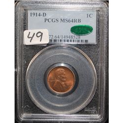 RARE 1914-D LINCOLN CENT - PCGS MS64RB "CAC" PCGS WEBSITE LISTS A MS64RB @ $6,500.00!