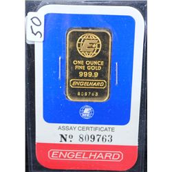 ENGELHARD ONE OUNCE 999.9 FINE GOLD BAR -  ASSAY CERTIFICATE NO. 809763