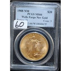 RARE 1908 $20 SAINT GAUDENS NO/MOTTO GOLD  COIN - PCGS MS66 - "WELLS FARGO NEVADA GOLD  PEDIGREE" - 