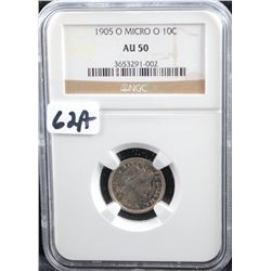 RARE 1905-0 (MICRO 0) BARBER DIME - NGC AU50