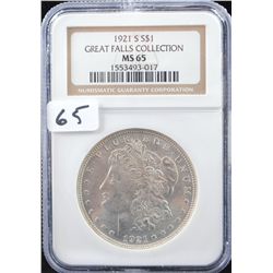 RARE 1921 MORGAN DOLLAR - NGC MS65 - GREAT  FALLS COLLECTION