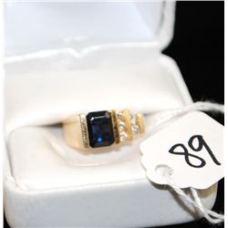 LADIES 14K YELLOW GOLD SAPPHIRE AND DIAMOND  RING WITH ONE EMERALD CUT BLUE SAPPHIRE MAIN  GEMSTONE 