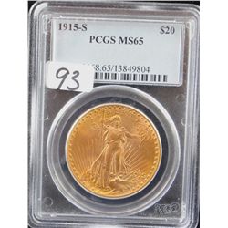1915-S SAINT GAUDENS $20 GOLD COIN - PCGS  MS65 (PCGS WEBSITE LISTS A MS65 $3,500.00)