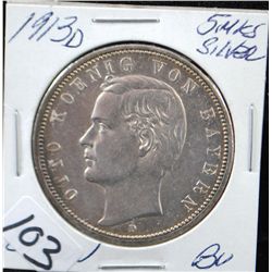 1913D 5 MARKS SILVER BAYERN, GERMAN STATES -  SCARCE! (SELLER GRADE @ BU - BU LISTS AT  $750.00)