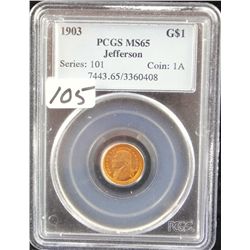 RARE 1903 $1 JEFFERSON GOLD COMMEMORATIVE  COIN - PCGS MS65 - COIN WORLD LISTS A MS65 @  $2,200.00!