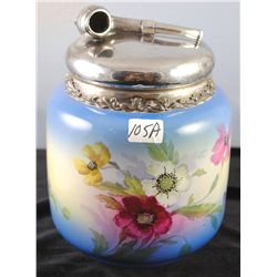 VINTAGE TOBACCO JAR WITH METAL PIPE COVER -  NO DAMAGE - APPROX. 7 1/2  TALL - COVER  MARKED QUADRUL