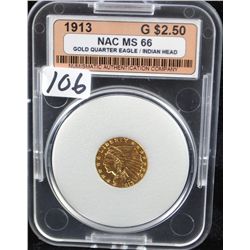 1913 $2 1/2 INDIAN GOLD COIN -  NAC  MS66
