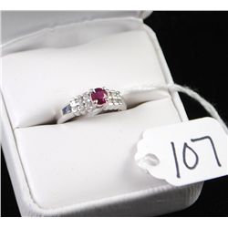 LOVELY 14K WHITE GOLD RUBY AND DIAMOND RING  WITH ONE QUALITY ROUND CUT RUBY AND TWELVE  ROUND FULL 