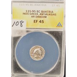 115-95 BC SILVER DRACHM BAKTRIA ANCIENT COIN  - ANACS XF45 (XF45 LISTS @ $450.00) VERY  SCARCE!