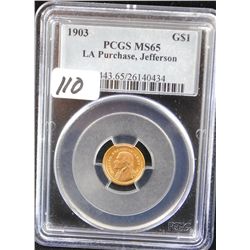 RARE 1903 $1 LA PURCHASE, JEFFERSON GOLD COIN  - PCGS MS65 - COIN WORLD LISTS A MS65 @  $2,200.00