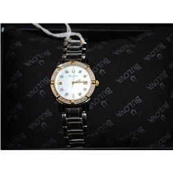 WOMENS "BULOVA" TW0- TONE WRISTWATCH WITH  M/O/P FACE AND EXTRA LINKS IN ORIGINAL BOX -  RUNNING FIN