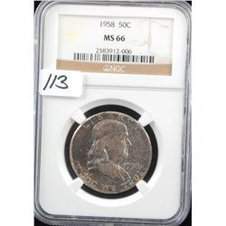 1958 FRANKLIN HALF DOLLAR - NGC MS66 - COIN  WORLD LISTS A MS66 @ $100.00