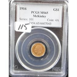 RARE 1916 $1 MCKINLEY COMMEMORATIVE GOLD COIN  - PCGS MS65 (PCGS WEBSITE LISTS A MS65 @  $1,700.00)