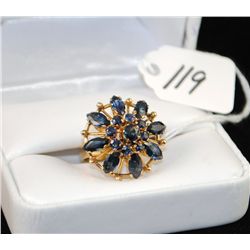 LADIES 14K YELLOW GOLD  BLUE SAPPHIRE RING  WITH NINE ROUND CUT AND EIGHT MARQUISE CUT  BLUE SAPPHIR