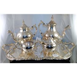 ORNATE SILVER PLATE "F. ROGERS CO."  TEA/COFFEE SERVICE WITH ORNATE FOOTED TRAY,  TEA & COFFEE POTS 