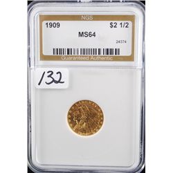 1909 $2 1/2 INDIAN GOLD COIN - NGS MS64 (COIN  WORLD  LISTS A MS64 @ $3,500.00!