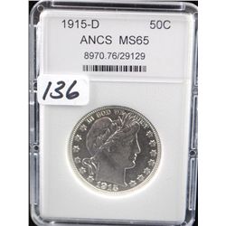 1915-D BARBER HALF DOLLAR - ANCS MS65 (A MS65  LISTS @ $4,000.00)