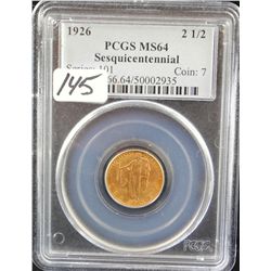 RARE 1926 $2 1/2 GOLD SESQUICENTENNIAL  COMMEMORATIVE COIN - PCGS MS64 - COIN WORLD  LISTS A MS64 @ 