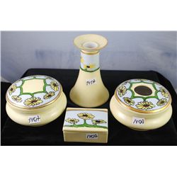 R.S. GERMANY 4 PIECE HAND PAINTED DRESSER SET  - THE ARTIST IS "HELEN KETCHUM" - HAT PIN  HOLDER, HA