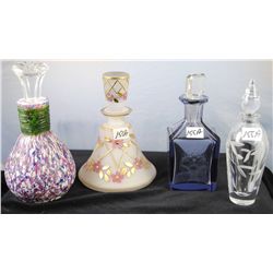 FOUR VINTAGE HAND PAINTED FROSTED PERFUME  BOTTE, CUT GLASS CZCH REPUBLIC PERFUME  BOTTLE, CUT WITH 